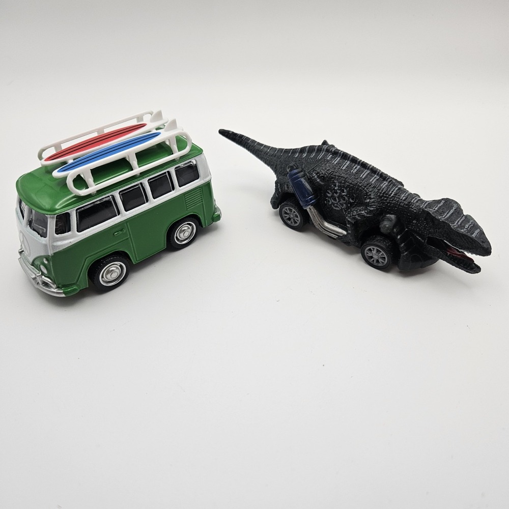 2- Pull Back & Go Cars. Green Surf Board Van And Dinosaur Car